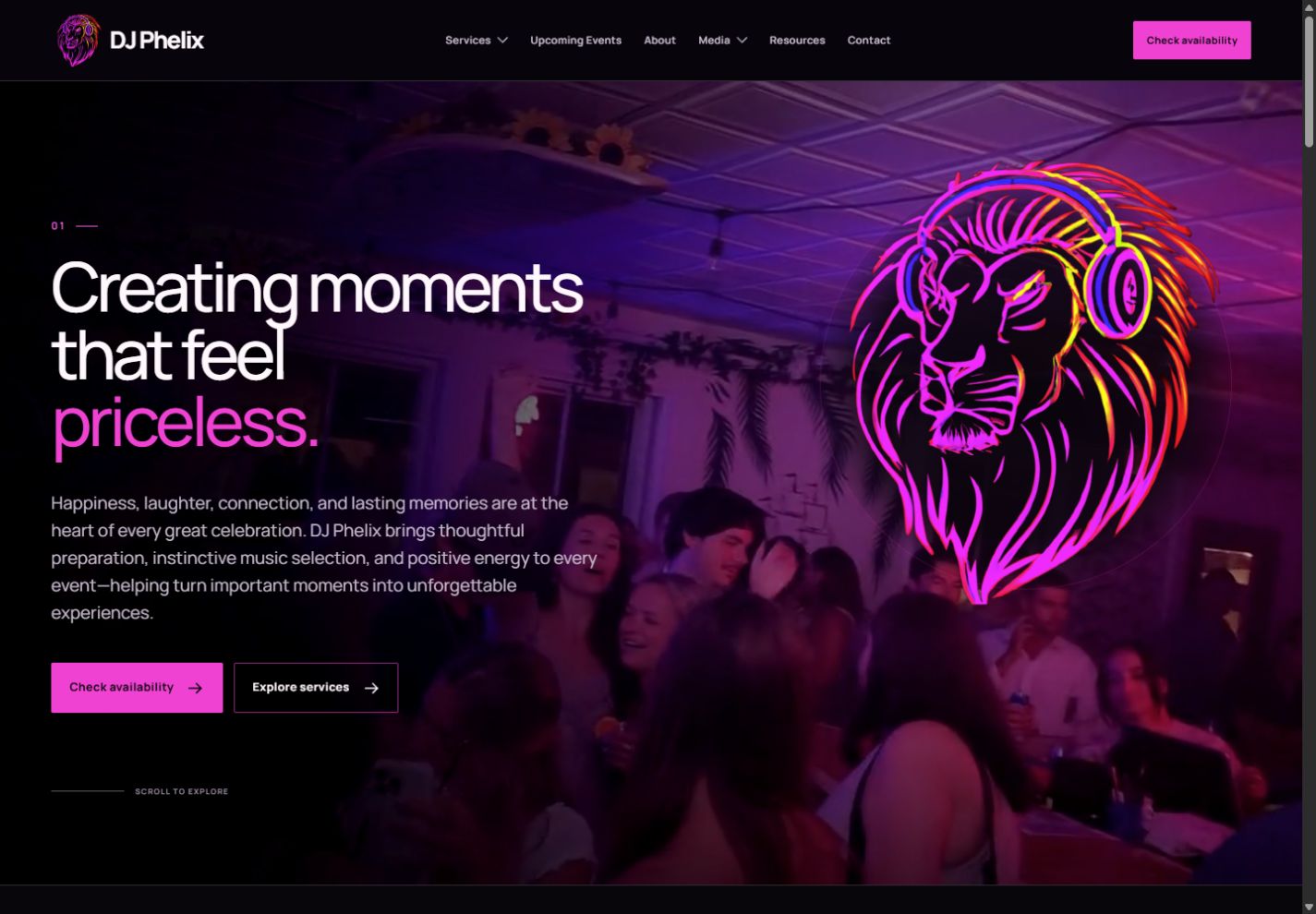 DJ Phelix website homepage with its lion brand mark, event-service introduction, and booking inquiry links.