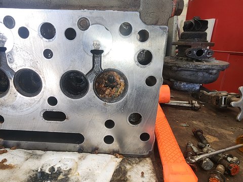 Removed marine cylinder head showing the combustion face, valves and surrounding passages.