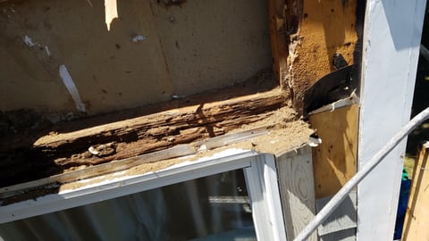 Close view of splintered and deteriorated wood above a white-framed window with the exterior covering removed.
